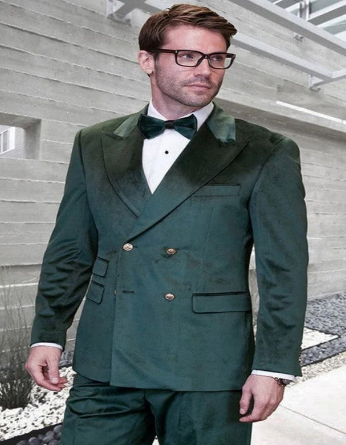 Mens 4 Button Double Breasted Velvet Suit with Gold Buttons in Hunter Green by Men's Tuxedo USA