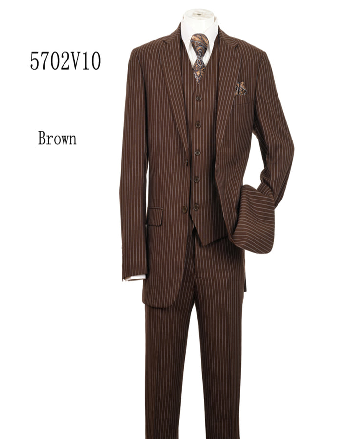 Men's Brown Pinstripe 3-Piece Suit with Matching Vest - Classic Fit Business and Formal Attire by USA Men's Outlet