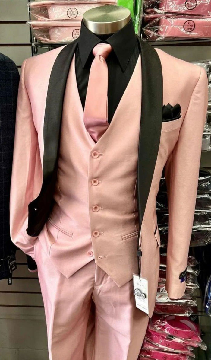 Men's Light Pink 3-Piece Tuxedo Suit with Black Satin Shawl Lapel - Formal Wear - Ultra Slim Fitted in Blush color by USA Men's Outlet