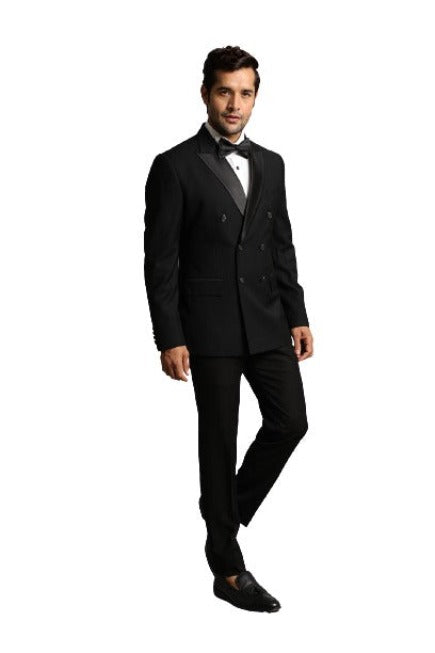 Super 150's Solid Black Double Breasted Tuxedo 6 on 2 Style Men's tuxedo Suit mensusain
