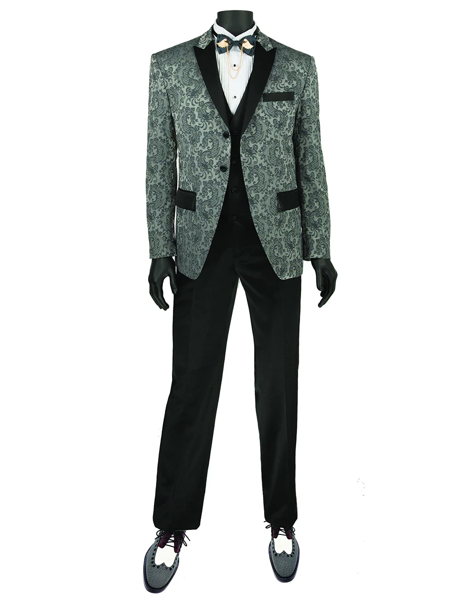Gray Prom Suit - Mens 2 Button Paisley Tuxedo in Grey