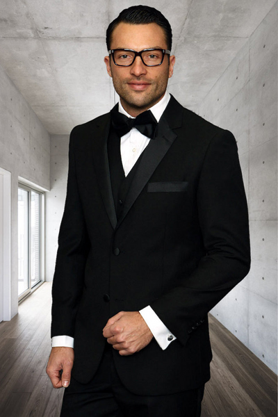 Men's Modern Fit Vested Wool Tuxedo in Classic Black