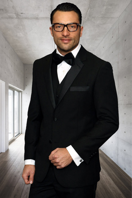 Men's Modern Fit Vested Wool Tuxedo in Classic Black