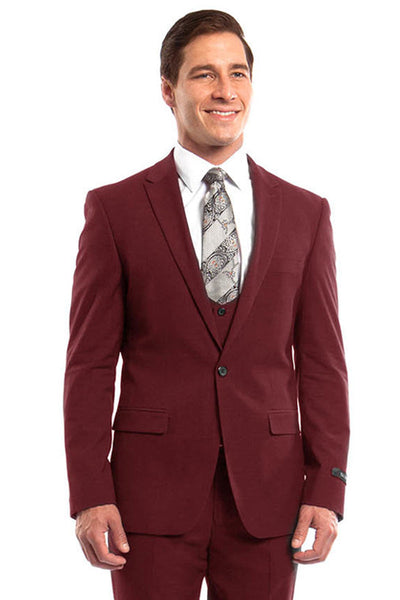 Men's Red Peak Lapel Slim Suit & Vested Set from Tazio Suits