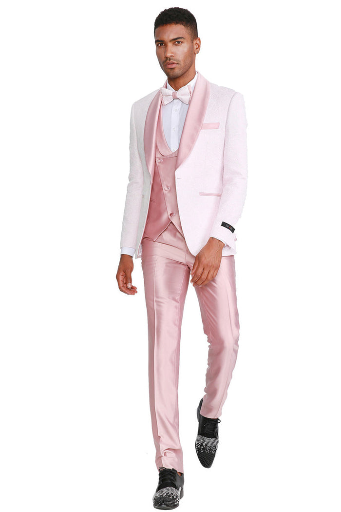 Men's One Button Vested Paisley Prom & Wedding Tuxedo with Satin Vest and Pants in Pink by Tazzio