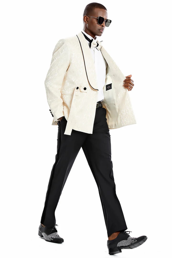 Champagne/Black  Prom Tuxedo Suit - Champagne/Black Wedding Suit - Men's Slim Fit Double Breasted Smoking Jacket Prom & Wedding Tuxedo In Champange Tan Paisley