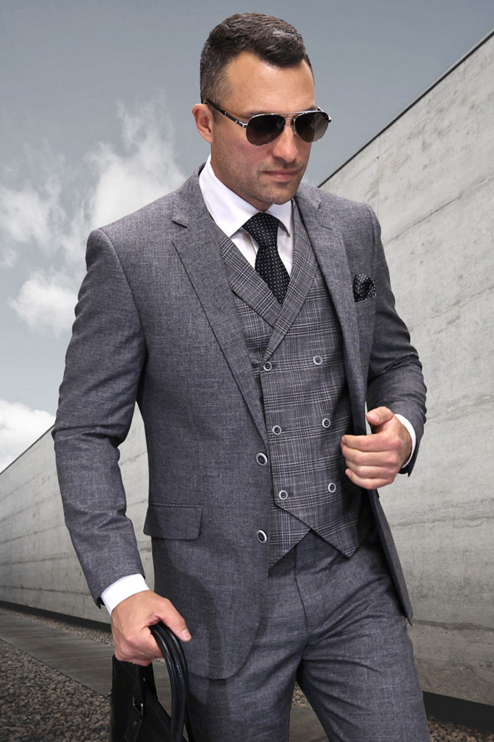 Men's Modern Fit Wool Suit with Plaid Vest in Charcoal Grey