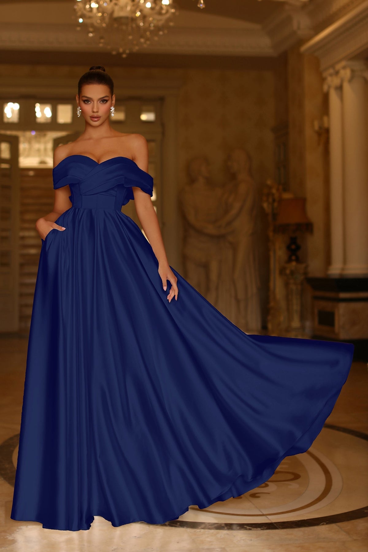 Tina Holly TE207 Wedding Prom Off-Shoulder Pleated Pockets Satin Dress