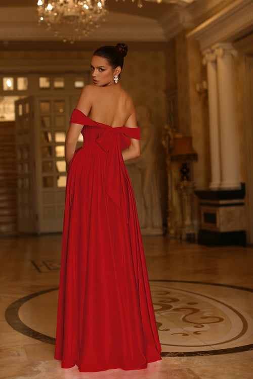 Tina Holly TE207 Wedding Prom Off-Shoulder Pleated Pockets Satin Dress