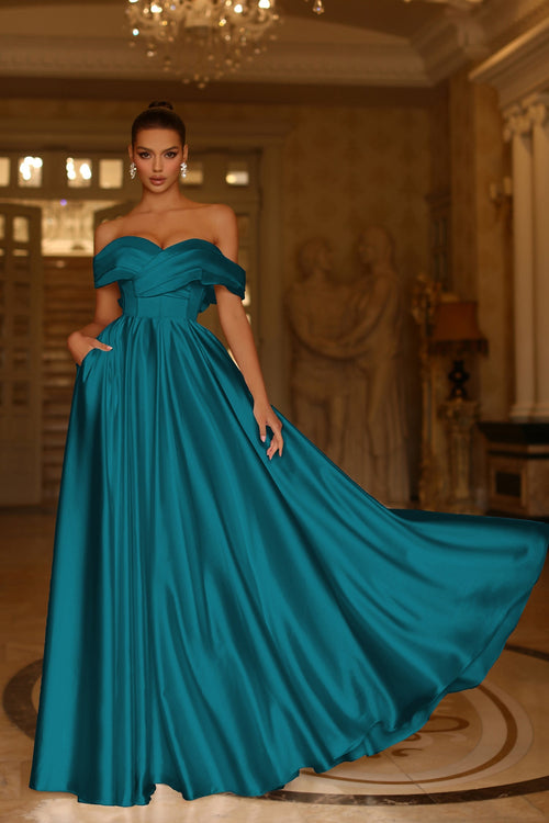 Tina Holly TE207 Wedding Prom Off-Shoulder Pleated Pockets Satin Dress