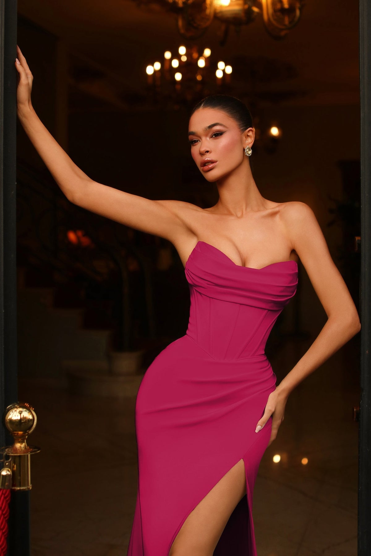 Tina Holly TE650 Prom Mermaid Strapless High Slit Pleated Satin Dress