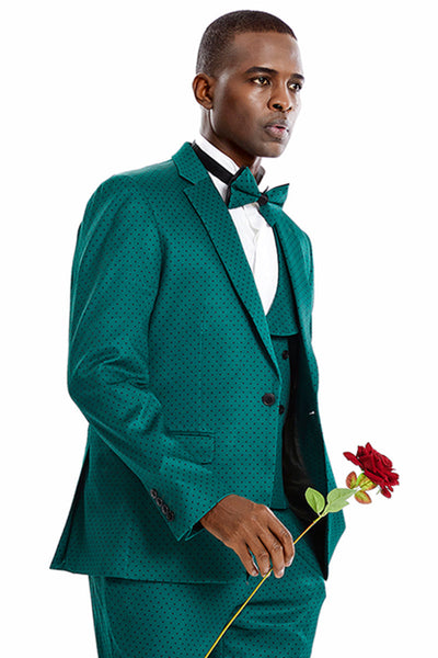Men's Green & Black Polka Dot Vested Suit from Tazio