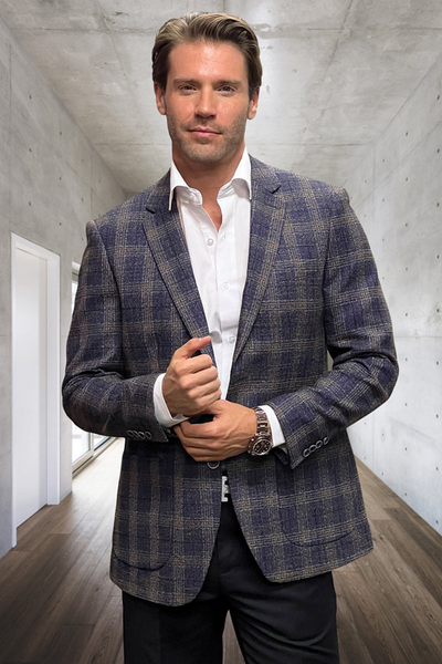 Men's Navy Windowpane Wool & Cashmere Blazer