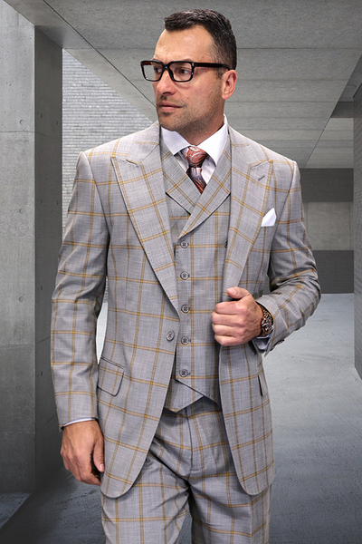 Men's Wool Vested Suit with Peak Lapel in Tan & Gold