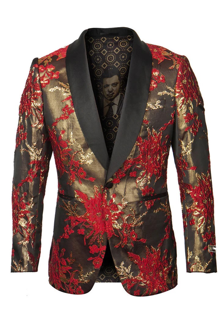 Red Prom Tuxedo Suit - Red Wedding Suit -Men's Shiny Satin Paisley Prom Tuxedo Jacket In Red & Gold