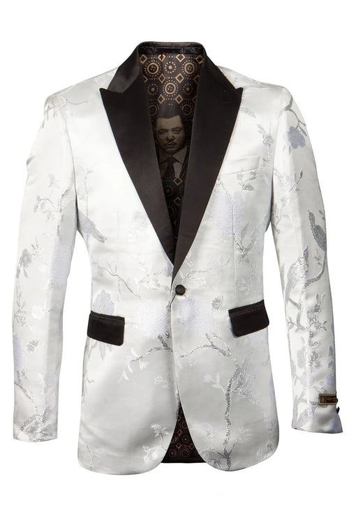 White & Silver Prom Tuxedo Suit - White & Silver Wedding Suit - Men's Shiny Floral Satin Print Prom & Wedding Tuxedo Jacket In White & Silver
