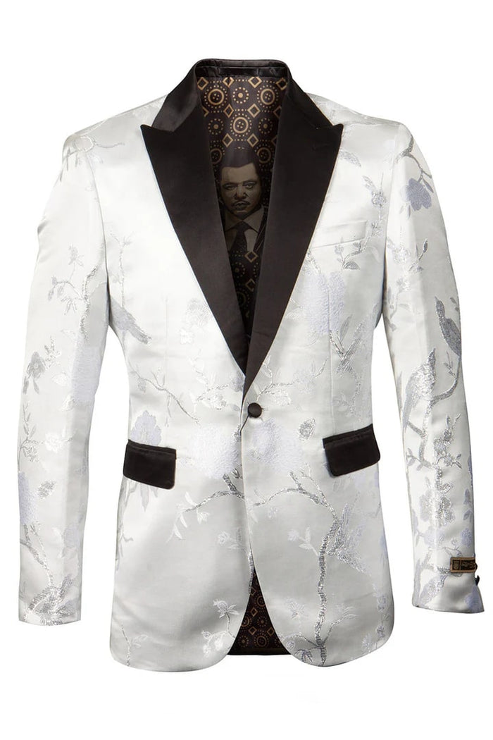 White & Silver Prom Tuxedo Suit - White & Silver Wedding Suit - Men's Shiny Floral Satin Print Prom & Wedding Tuxedo Jacket In White & Silver by PROMTUXEDO
