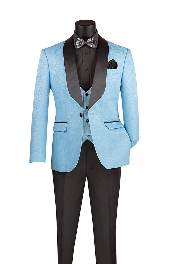 Slim Fit 3 Piece Satin Suit in Ice Blue by Vinci