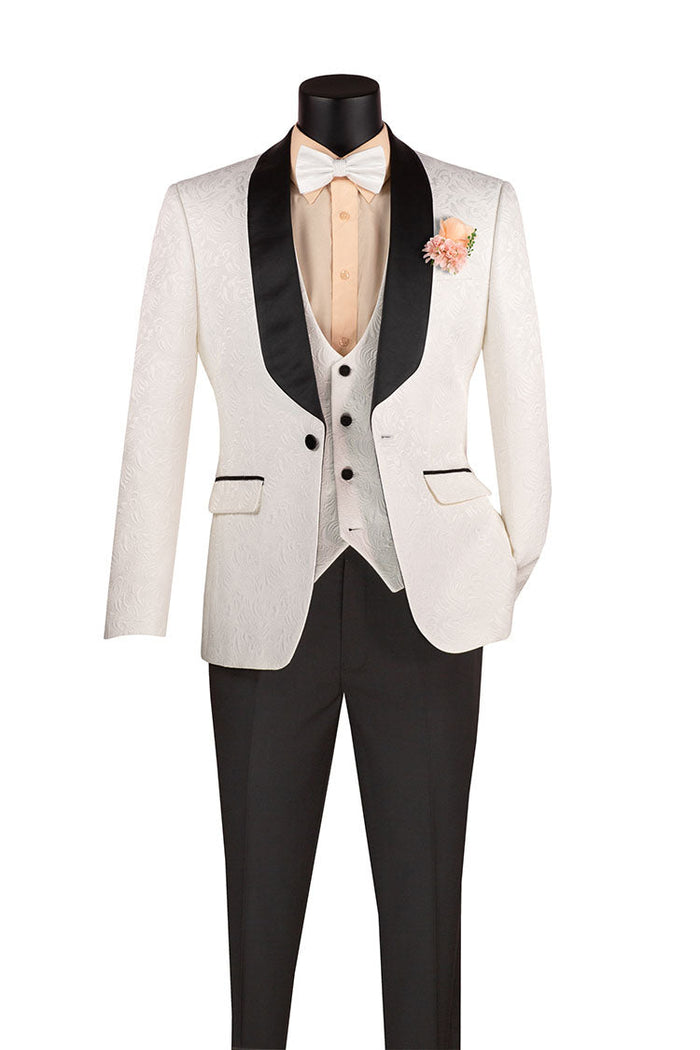 Regular Fit Satin Lapel 2 Piece Tuxedo in White by Vinci