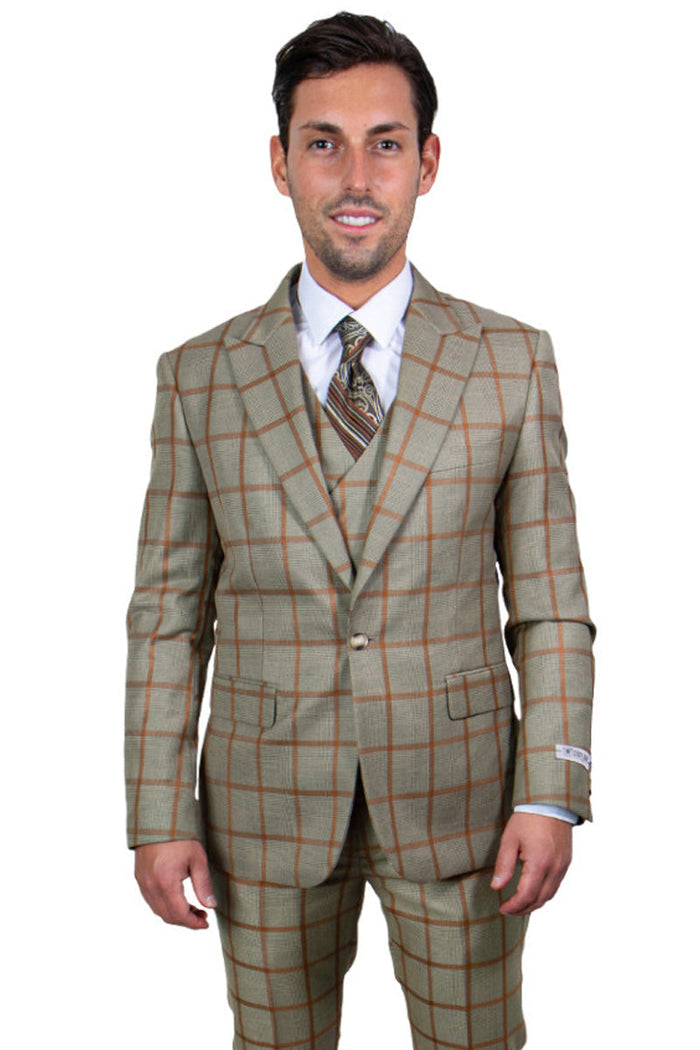 Men's Tan & Gold Windowpane Vested Suit by Stacy Adams