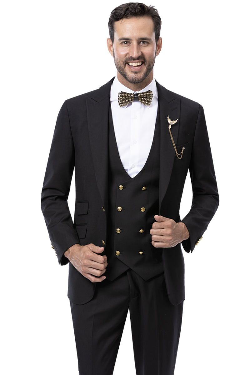 Mens Modern Two Button Vested Peak Lapel Suit with Double Breasted Vest & Gold Buttons in Black – SuitUSA