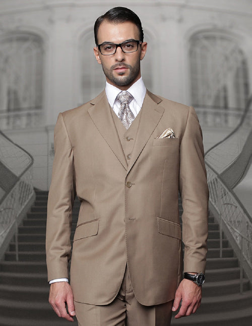 Mens Classic Fit Pleated Pant 2 Button Wool Suit in Bronze by Statement
