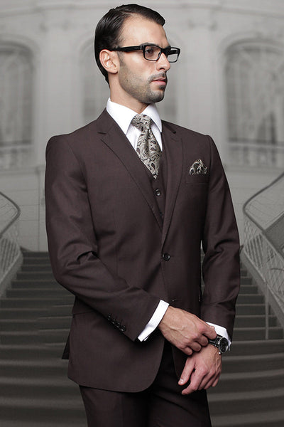 Men's Brown Wool Suit with Pleated Pants & Vest