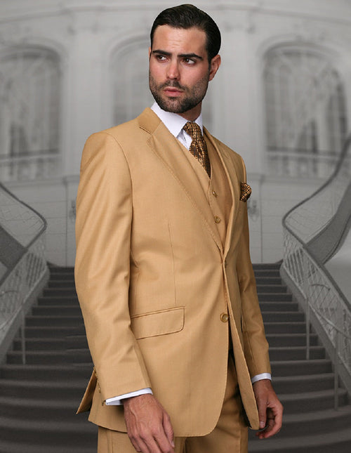 Mens Classic Fit Pleated Pant 2 Button Wool Suit in Camel by Statement