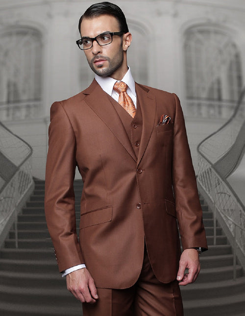 Mens Classic Fit Pleated Pant 2 Button Wool Suit in Copper by Statement