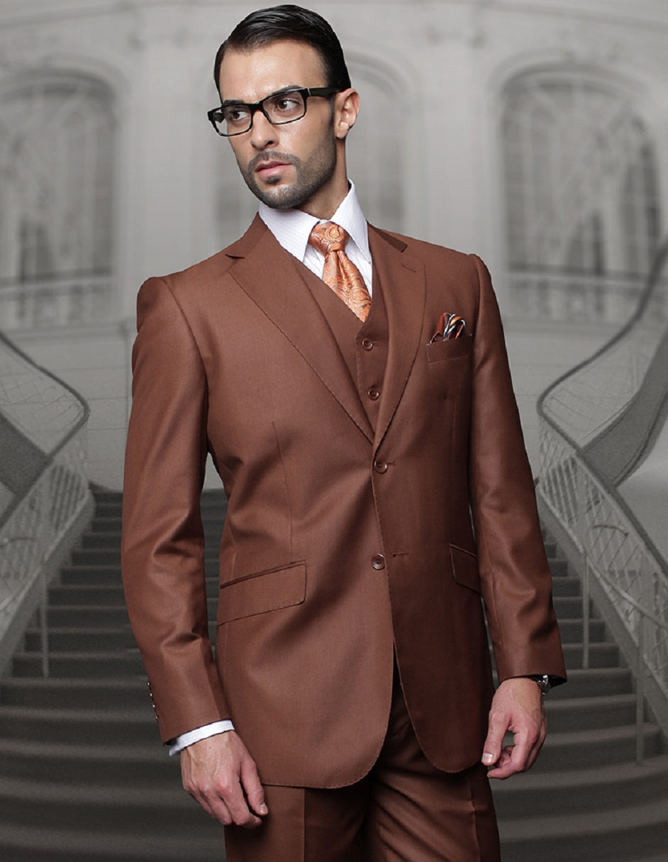 Mens Classic Fit Pleated Pant 2 Button Wool Suit in Copper by Statement
