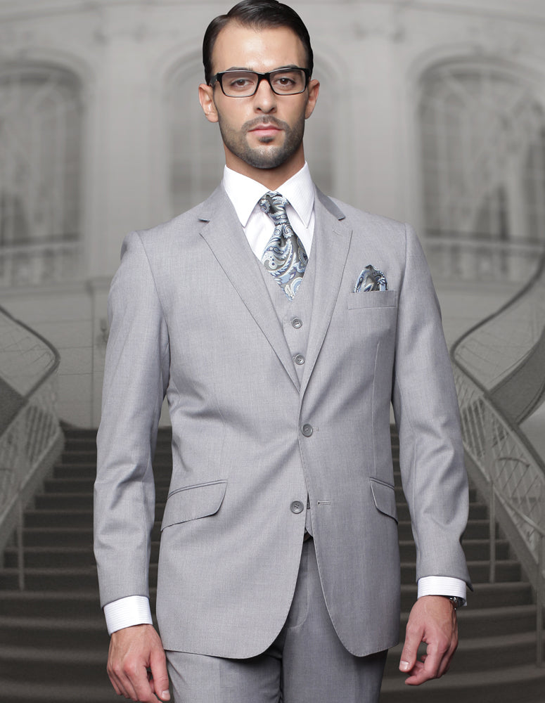 Mens Classic Fit Pleated Pant 2 Button Wool Suit in Grey by Statement
