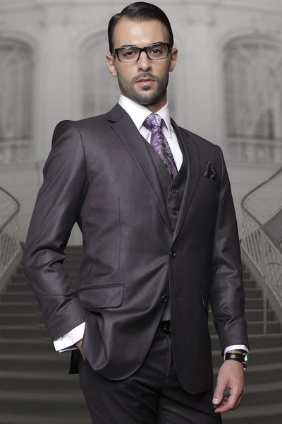 Men's Charcoal Wool Suit with Pleats and Vest