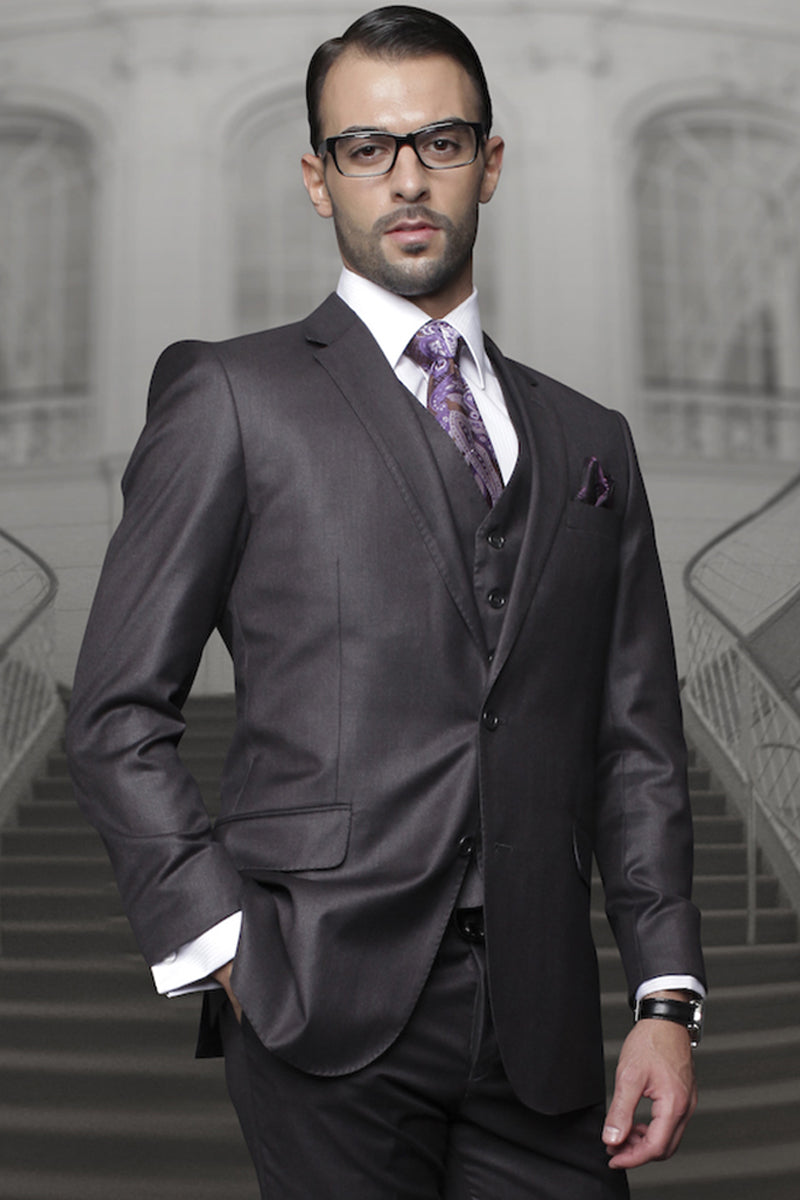 Men's Charcoal Wool Suit with Pleats and Vest