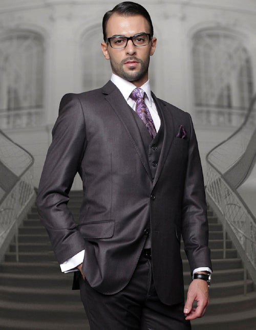 Mens Classic Fit Pleated Pant 2 Button Wool Suit in Charcoal Grey by Statement