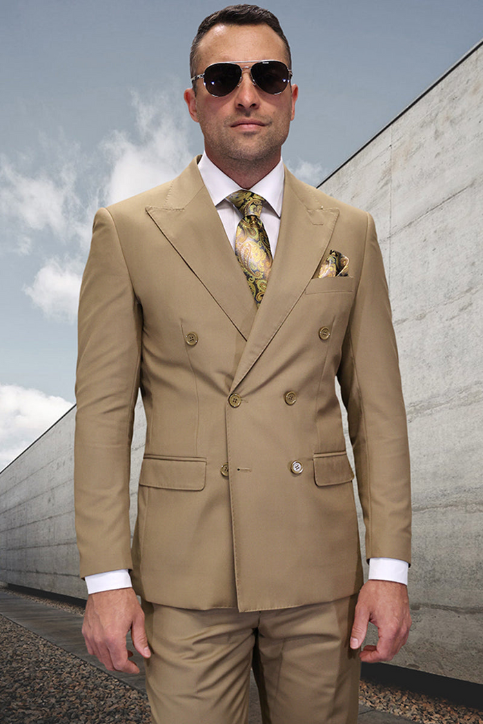 Men's Double Breasted Wool Suit in Caramel Khaki