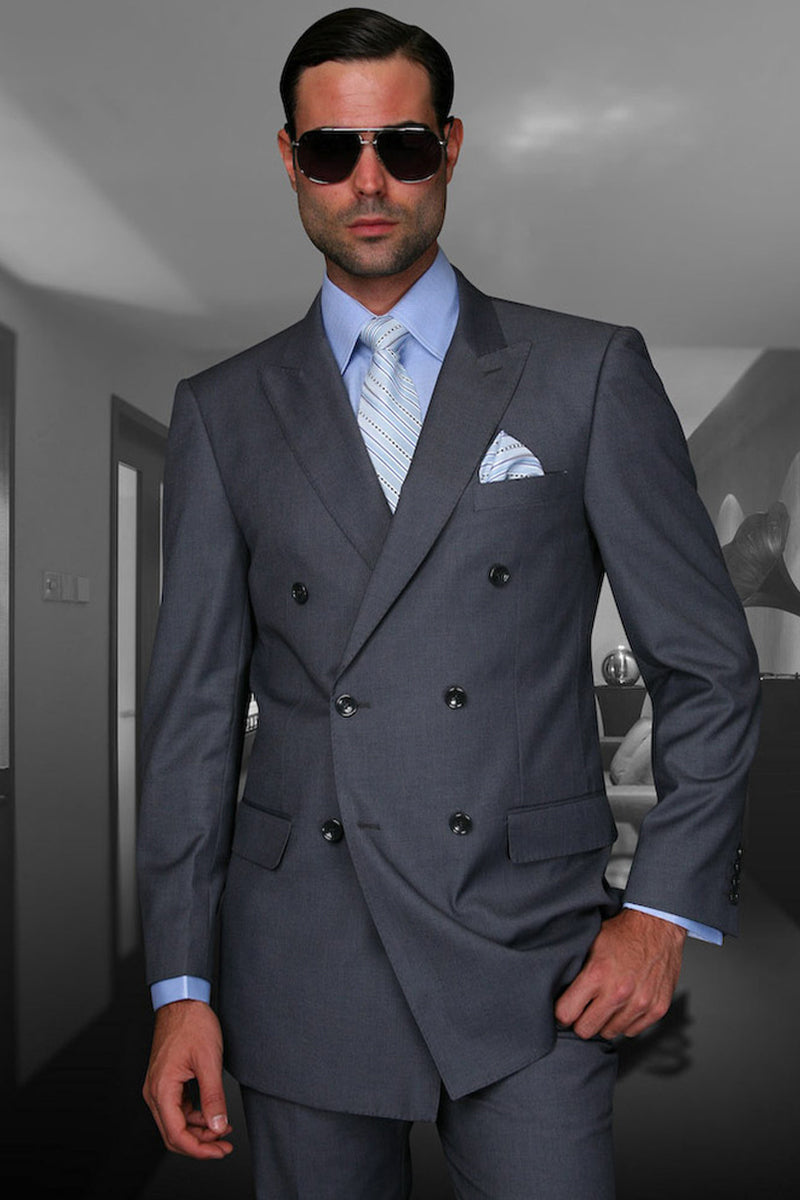 Men's Charcoal Wool Double Breasted Suit by Statement Suits