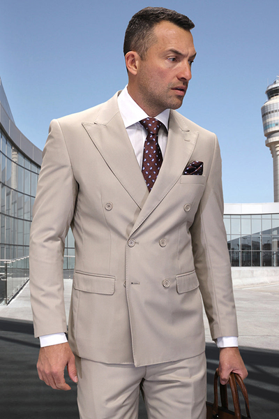 Men's Classic Double Breasted Wool Suit in Tan