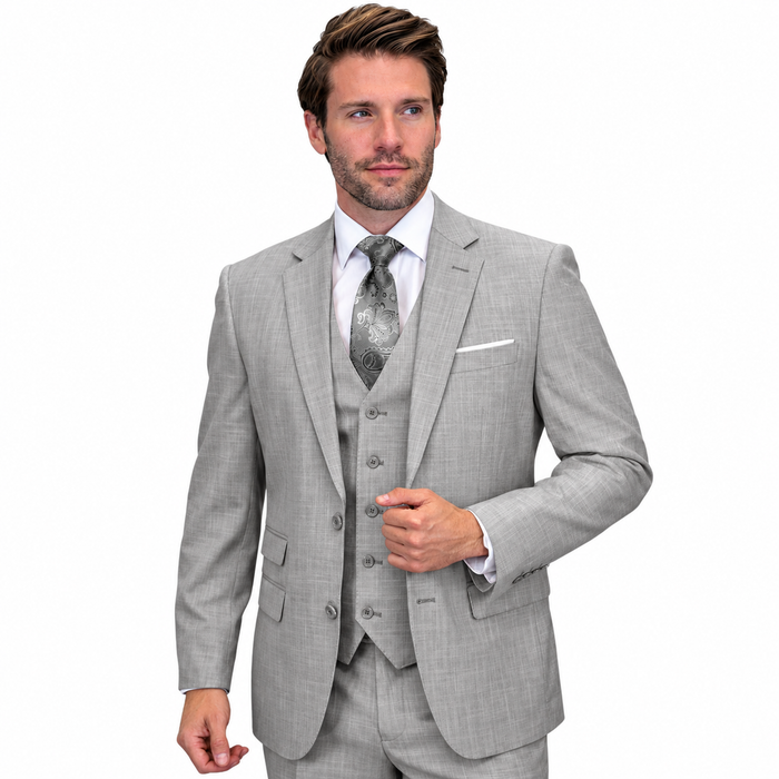 Men’s 3 Piece Sharkskin Suit with Vest - Modern Fit Gray