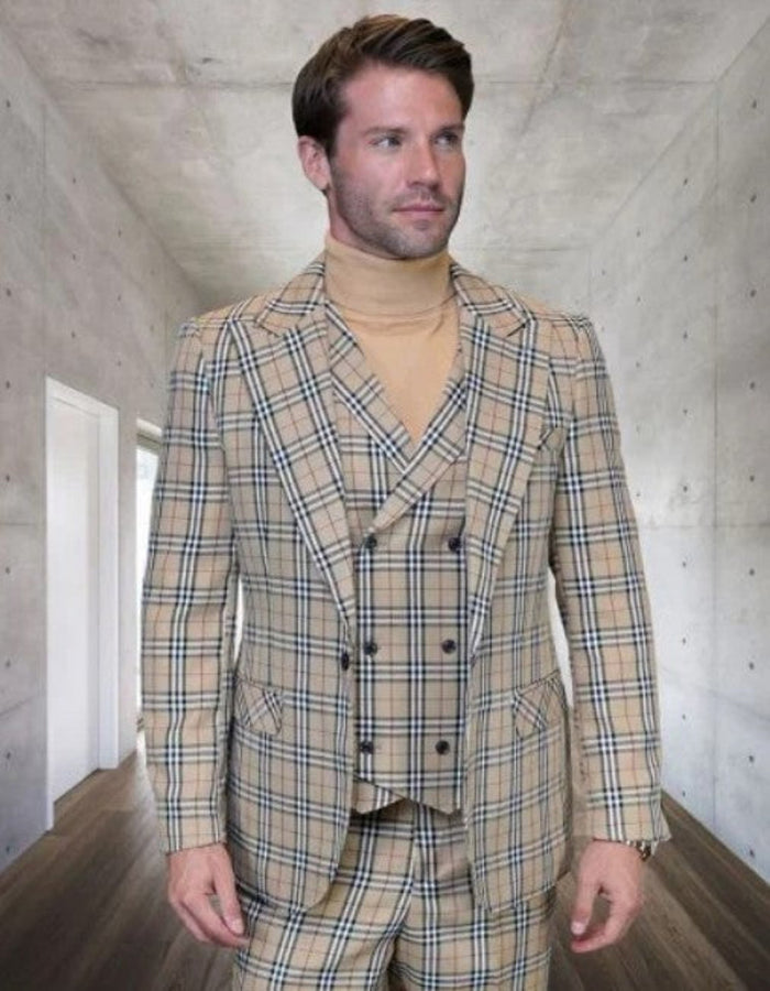 Tan Plaid Suit - Camel Khaki Tan Beige Color - Double Breasted Vested Mens Suit Windowpane Pattern - Modern Fit USA Men's Outlet