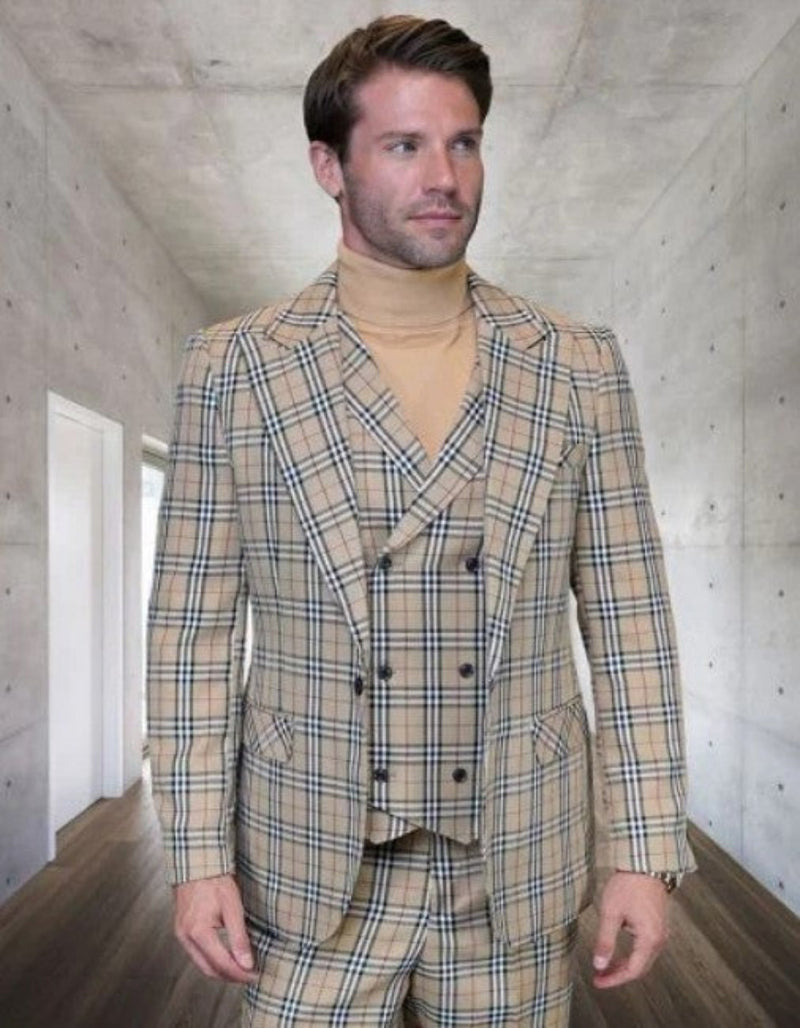 Tan Plaid Suit - Camel Khaki Tan Beige Color -  Double Breasted  Vested Mens Suit Windowpane Pattern - Modern Fit