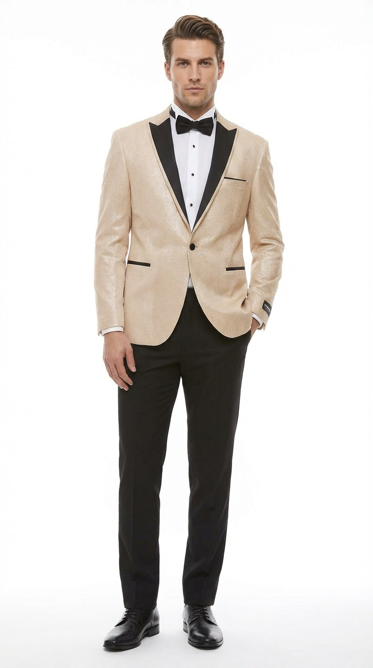 Men’s Tan Tuxedo Blazer with Black Lapel – Formal Dinner Jacket Suit + Pants for Wedding, Prom champaign beige color – SuitUSA