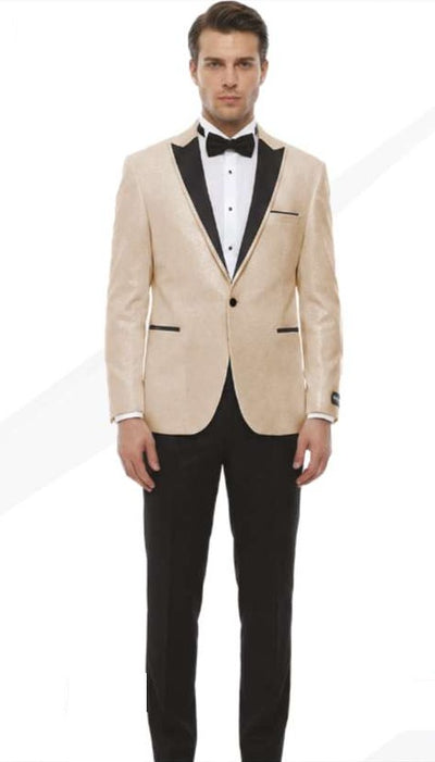 Men’s Tan Tuxedo Blazer with Black Lapel – Formal Dinner Jacket Suit + Pants for Wedding, Prom champaign beige color