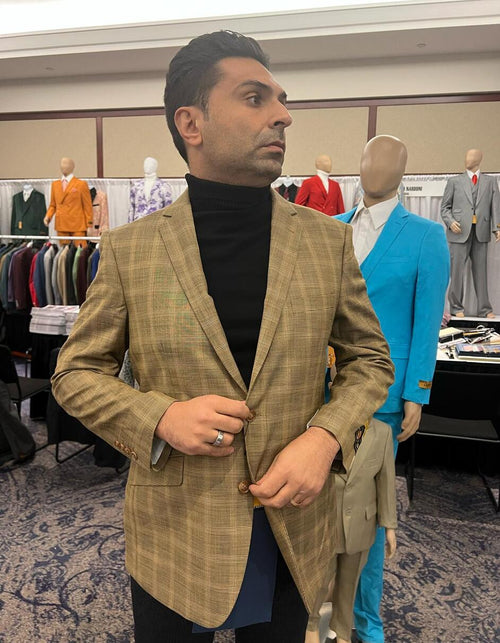 Men's Light Brown Plaid Sport Coat - Classic Check Blazer for Business and Casual Wear in Tan Windowpane Taupe Color by USA Men's Outlet
