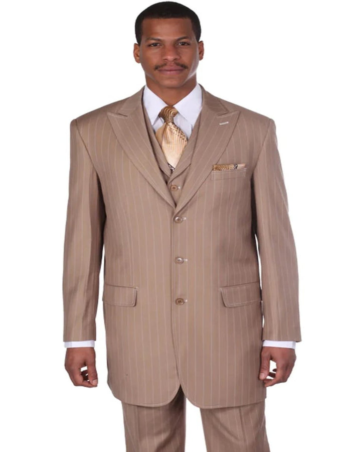 Pleated Dress Men Suits - Mens Vintage Vested Gangster Bold Pinstripe Tan Fashion Suit by Men's Tuxedo USA