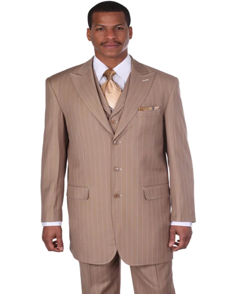 Pleated Dress Men Suits - Mens Vintage Vested Gangster Bold Pinstripe Tan Fashion Suit by Men's Tuxedo USA