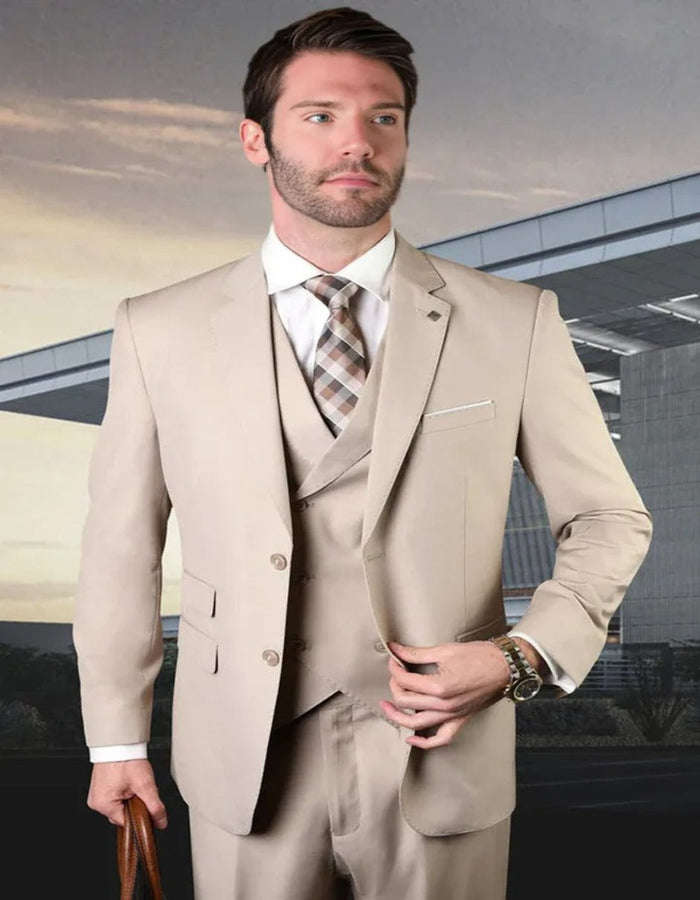 Pleated Dress Men Suits - Men's Designer Classic Fit Pleated Pant Wool Double Breasted Tan Suit by Men's Tuxedo USA