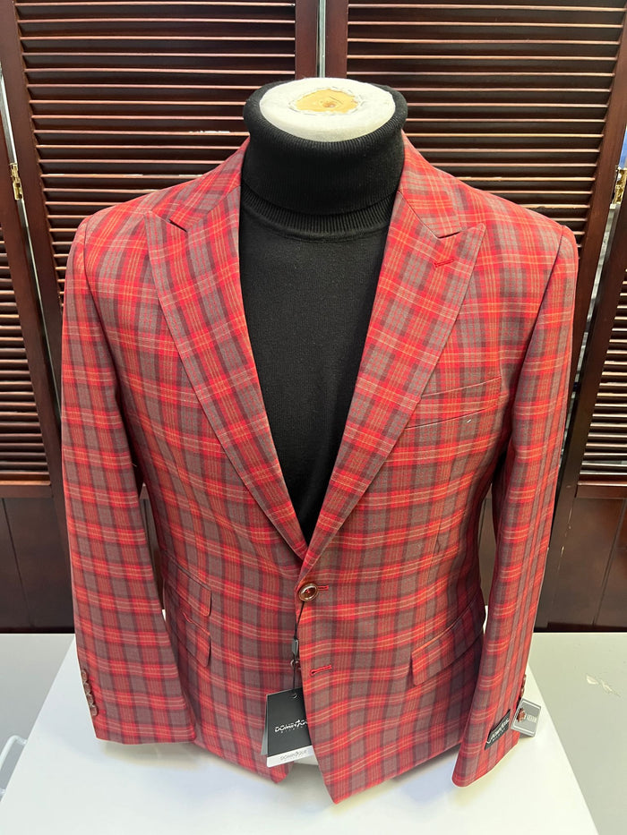Modern Red Plaid Blazer - Tartan Windowpane Pattern Christmas Party Color by USA Men's Outlet