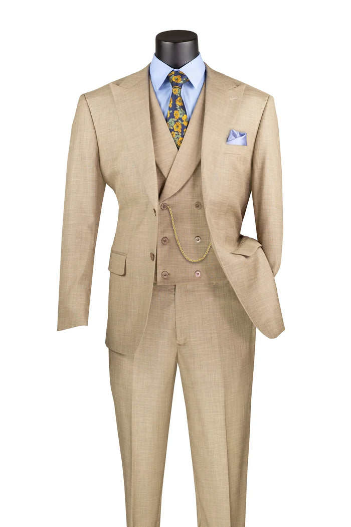 Taupe Modern Fit 3-Piece Suit with Lapel Vest & Adjustable Pants by Vinci