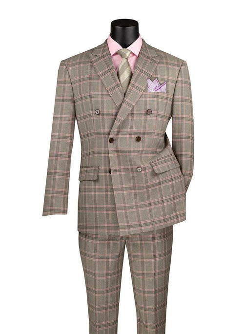 Men’s Light Taupe Glen Plaid Double-Breasted Suit - Modern Fit by Vinci