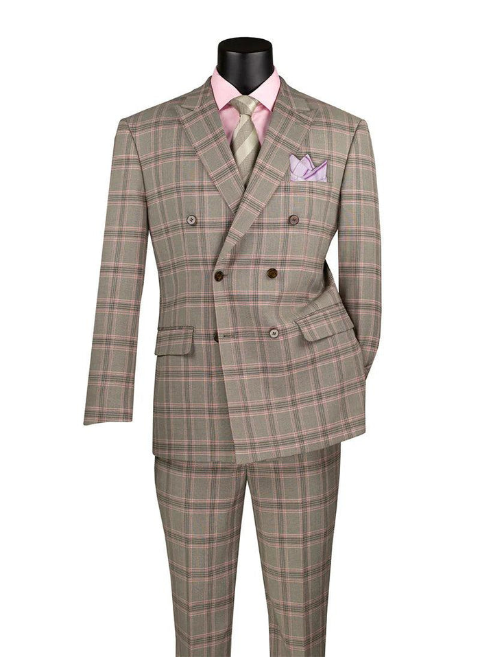 Men’s Light Taupe Glen Plaid Double-Breasted Suit - Modern Fit by Vinci